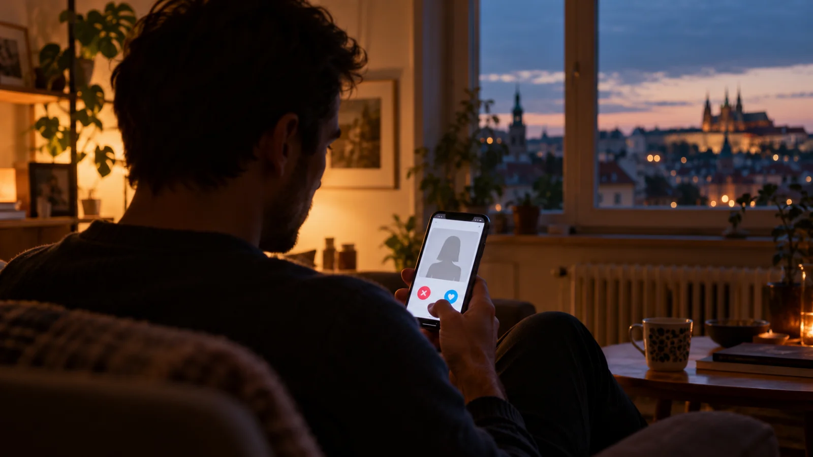 Muž zezadu sedí ve ztlumeně osvětleném bytě a v telefonu si prohlíží profil na seznamce se šedou siluetou místo fotky, za oknem večerní Praha.