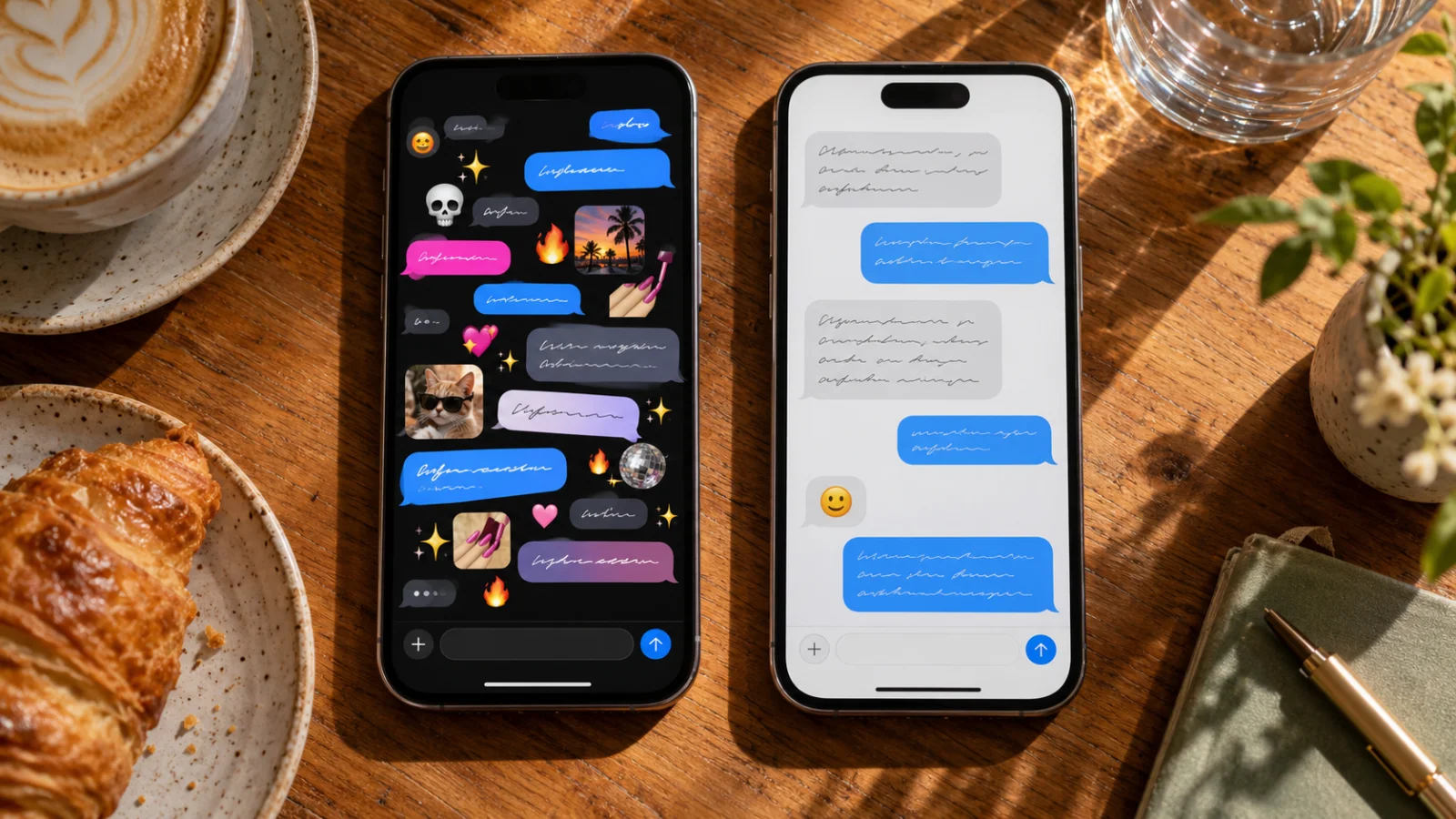 Dva mobily vedle sebe na stole: na jednom chat plný emoji a lebek, na druhém dlouhá zpráva s tečkami a smajlíkem.